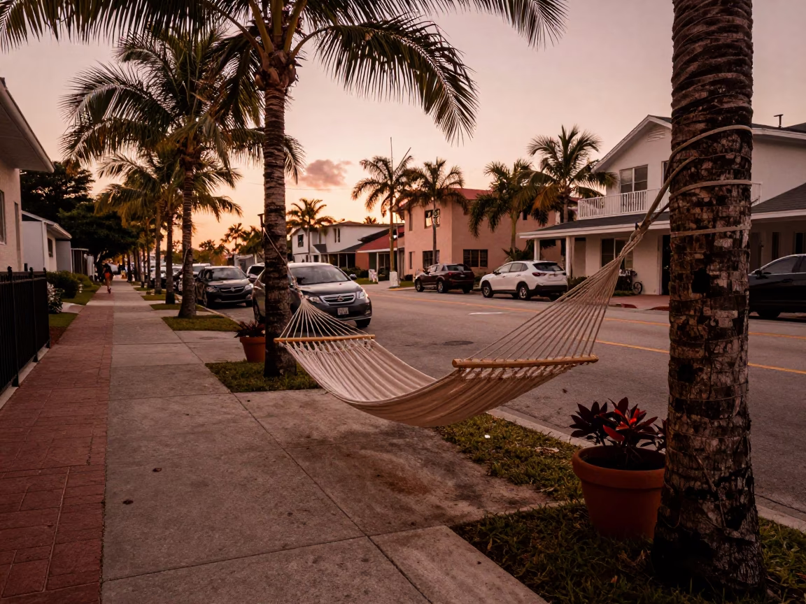 Copper Dusk Miami Florida Street Scene with Hammock and Potted Geraniums in in Miami, Florida, United States