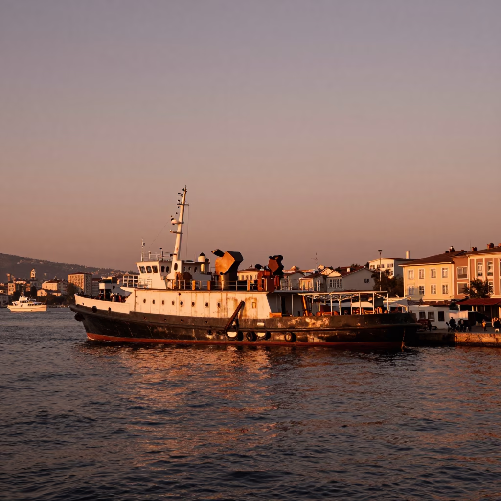 Copper Dusk Over Izmir Harbor with Vintage Tugboat and Coastal Street Life in in Izmir, Turkey