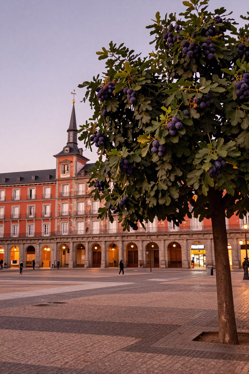 Copper Dusk Over Madrid Plaza with Fig Tree and Linen Fringe Detail in in Madrid, Spain