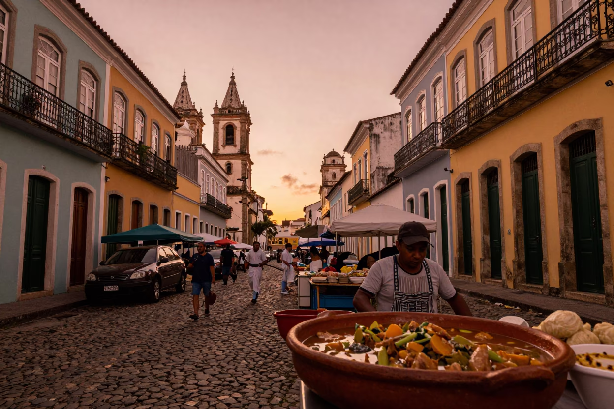 Copper Dusk Over Salvador Bahia Street Market with Calulu Stew and Local Life in in Salvador, Brazil