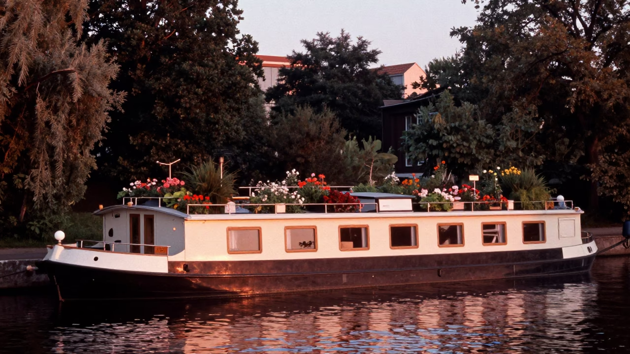Copper Dusk Over Spree River Berlin Houseboat Garden and Urban Skyline in in Berlin, Germany