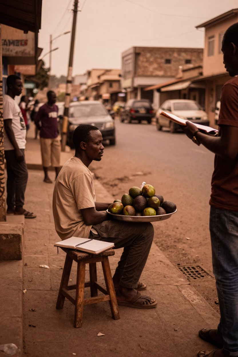 Copper Dusk Street Scene in Accra Ghana with Stool and Notebook in in Accra, Ghana
