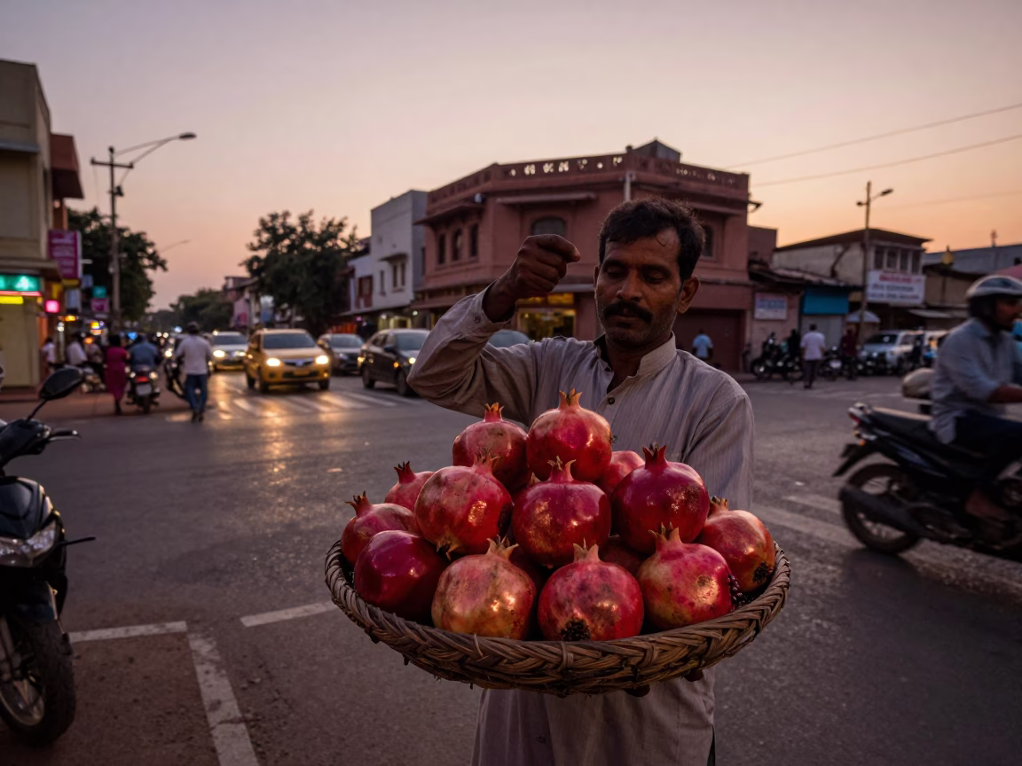 Copper Dusk Street Scene in Hyderabad India with Pomegranate Vendor Basket in in Hyderabad, India