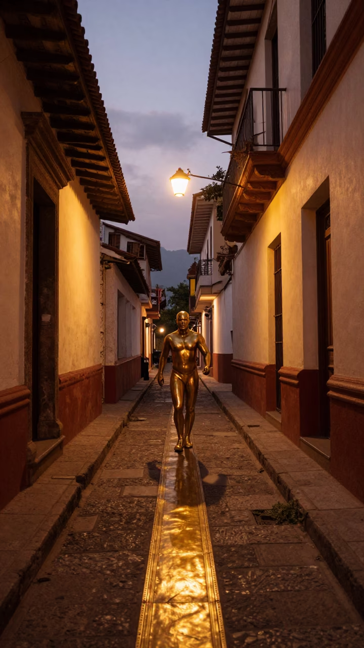 Copper Dusk Street Scene in Medellin Colombia with Brass Runner and Potted Herbs in in Medellin, Colombia