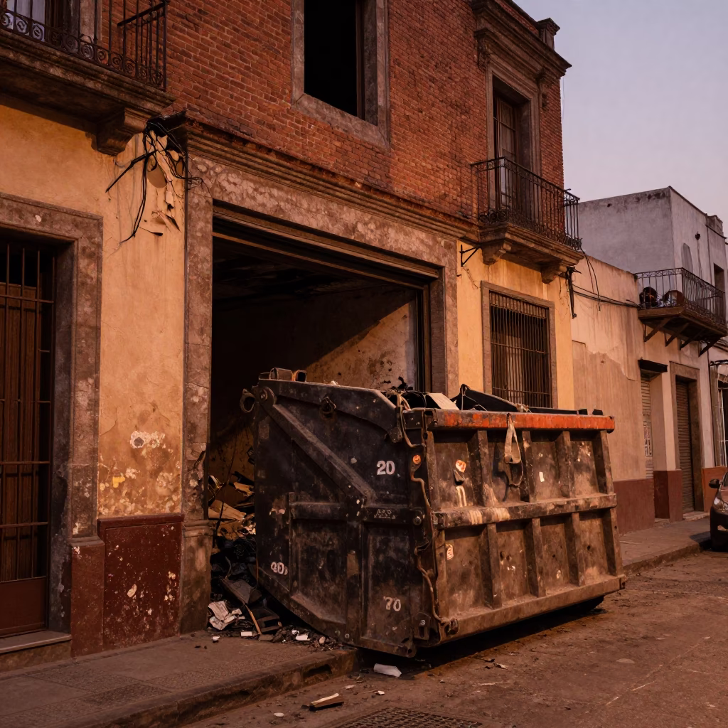 Copper Dusk Street Scene in Mexico City with Demolition Dumpster and Brush in in Mexico City, Mexico