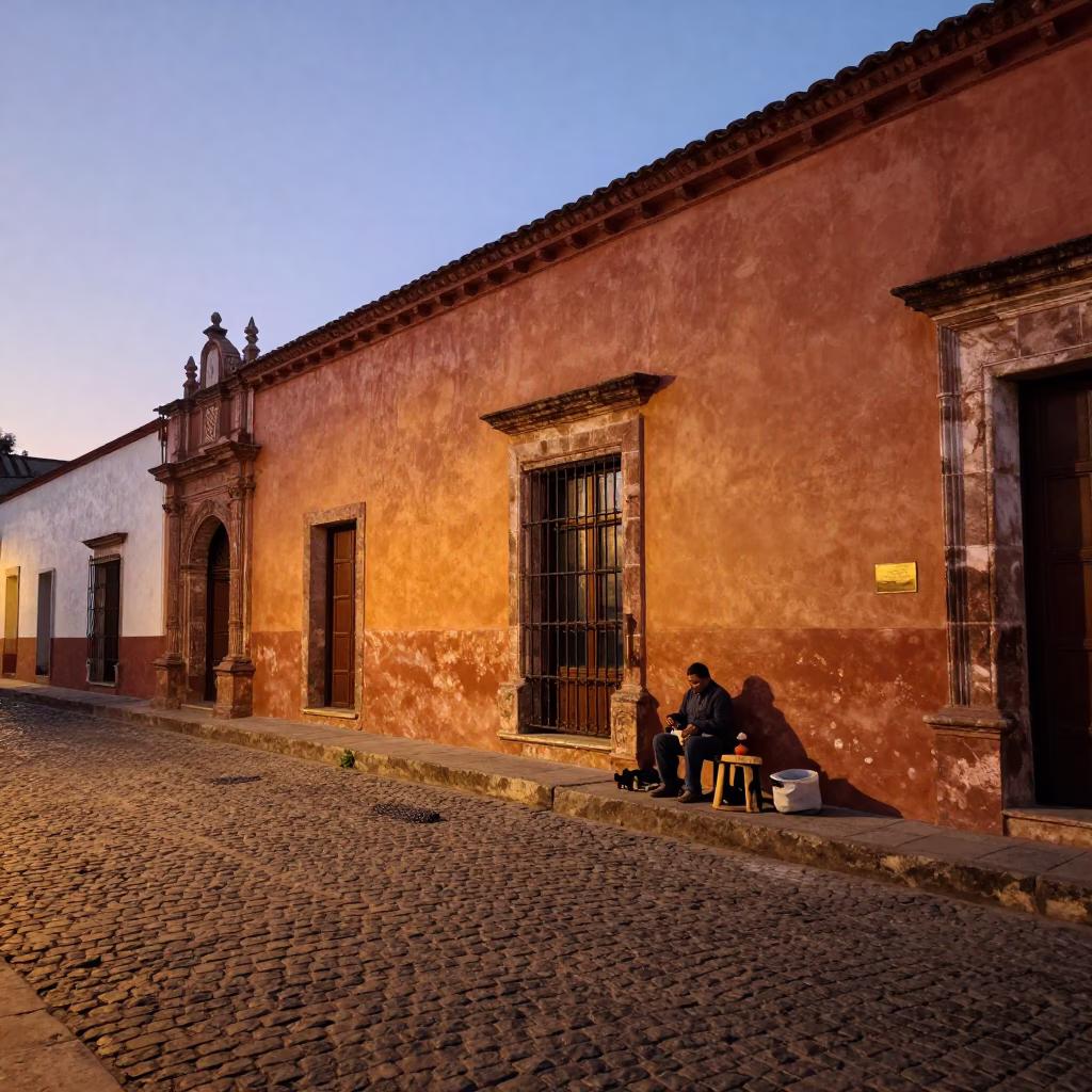 Copper Dusk Street Scene in Oaxaca Mexico with Local Craftsman and Hand Broom in in Oaxaca, Mexico
