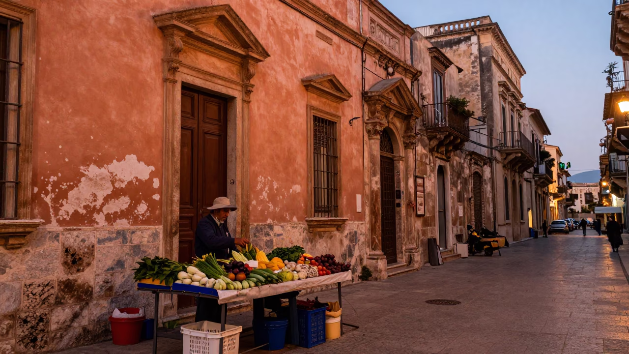Copper Dusk Street Scene in Palermo Italy with Local Market Vendor in in Palermo, Italy
