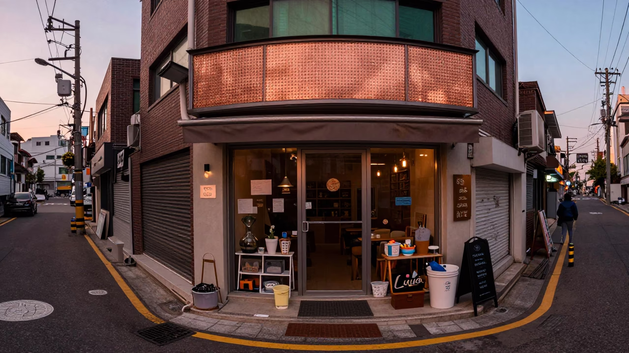 Copper Dusk Street Scene in Seoul South Korea with Glass Tumblers and Plant Pot in in Seoul, South Korea