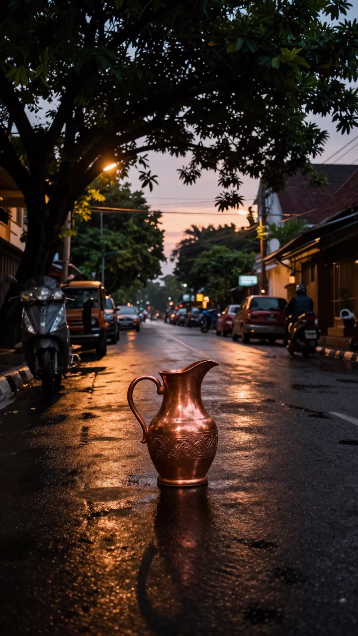 Copper Dusk Street Scene in Yogyakarta Indonesia with Ceramic Pitcher and Prayer Beads in in Yogyakarta, Indonesia