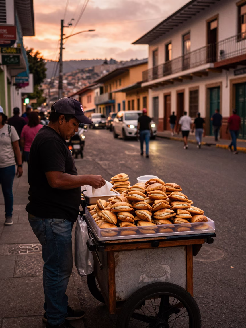 Copper Dusk Street Vendor Selling Alfajores in Bustling Medellin Colombia Neighborhood in in Medellin, Colombia