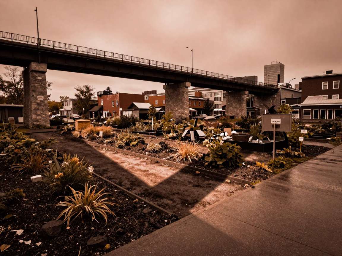 Copper Dusk Viaduct Shadow Over Quebec City Allotment Gardens Rain Wet Soil in in Quebec City, Quebec, Canada