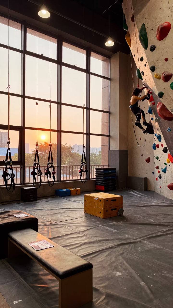 Copper Evening Light in Changsha Gym Warmup Zone in inside a climbing gym warmup zone in Changsha