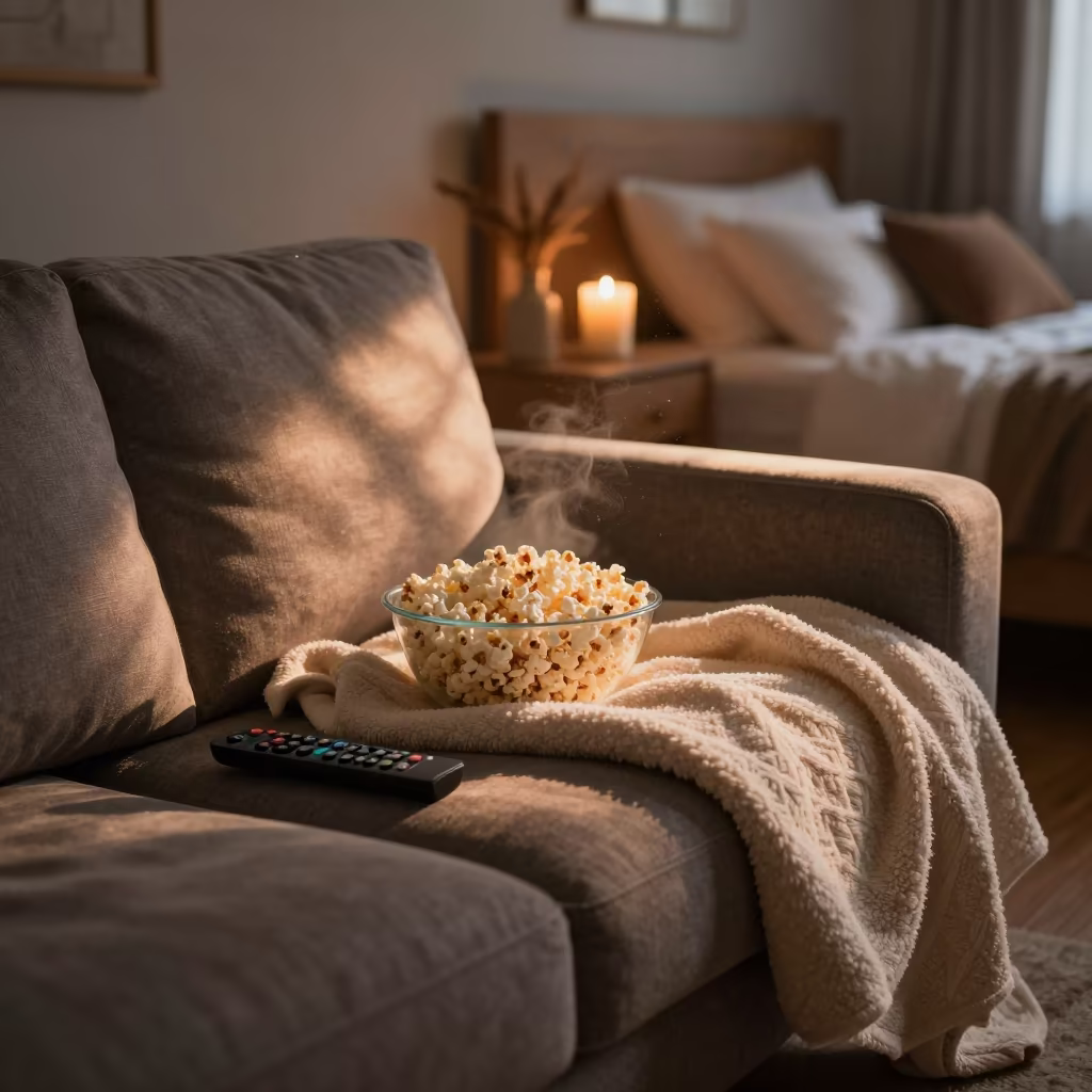 Copper Evening Light on Sofa with Popcorn in in a candlelit bedroom in Harare