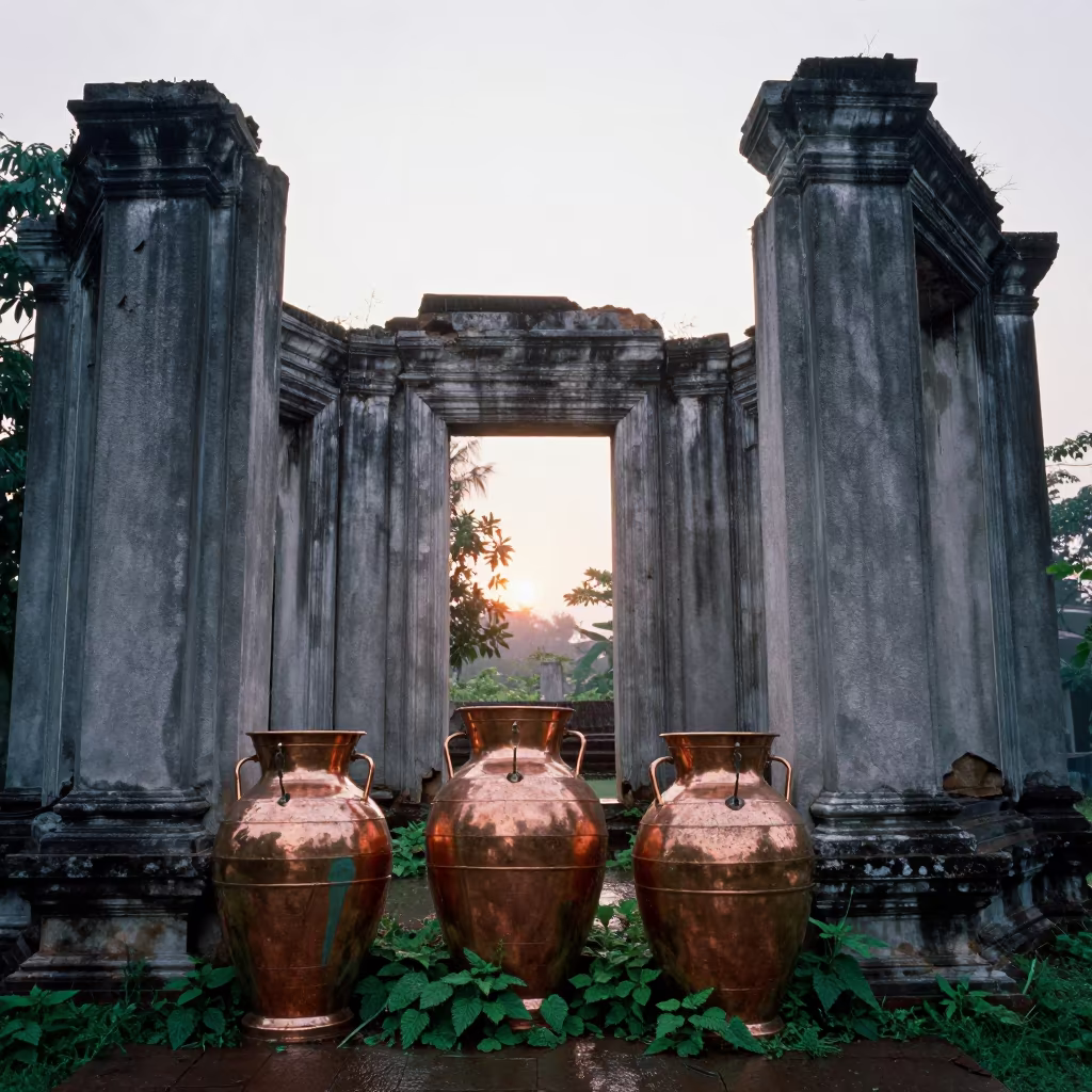 Copper Ghosts in Rainy Season Ruins in among toppled columns and nettles in Thailand