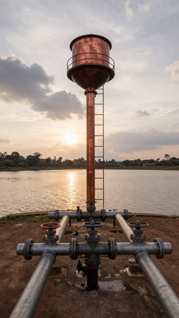 Copper Glow on Kenya Water Pumping Station Pipes in beside a water tower ladder in Kenya