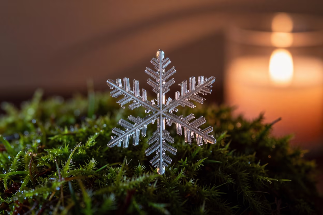 Copper Glow on Moss Snowflake Crystal in on dew-soaked moss in West Lake, Hanoi