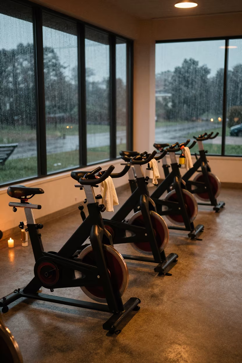 Copper Glow Spin Studio Cleanup Bafoussam in inside a spin studio under class lights in Bafoussam