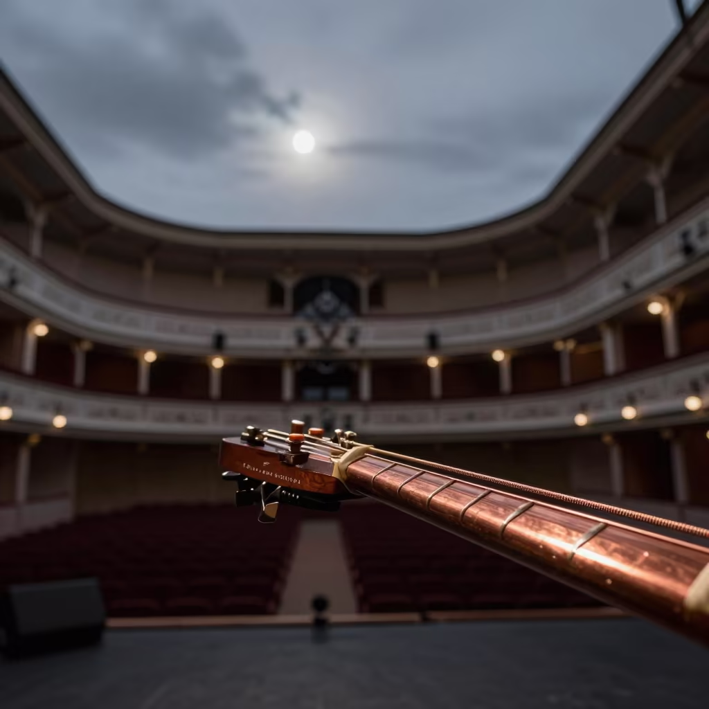Copper Guitar String Detail in Novara Theater in on a theater stage in Novara