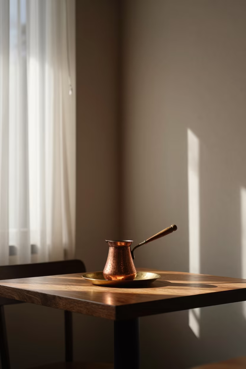 Copper Coffee Pot on Brass Plate in on a small cafe table by a window in Greater Noida