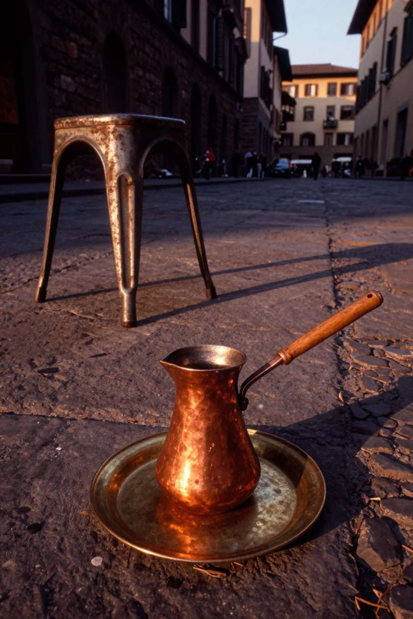 Copper Istanbul coffee pot on brass plate in Florence Italy before dusk in in Florence, Italy