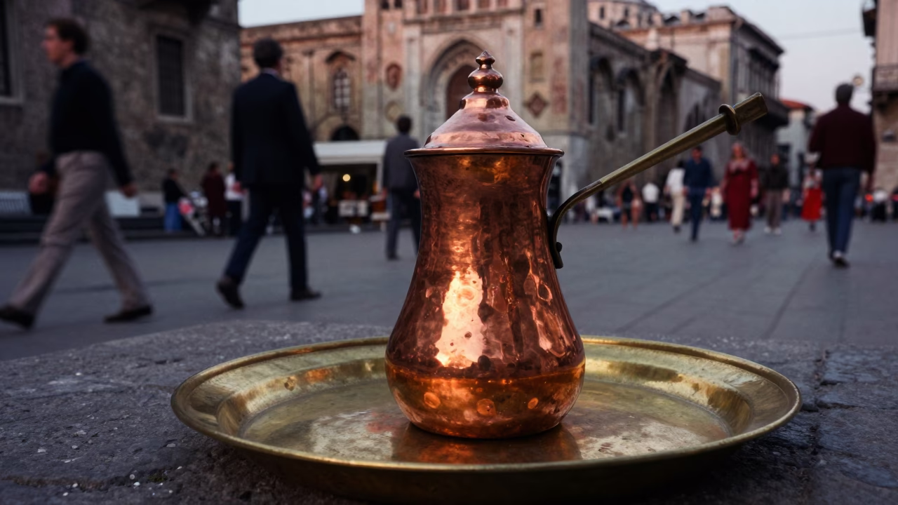 Copper Istanbul Coffee Pot on Brass Plate in Palermo Sicily Before Dusk in in Palermo, Italy