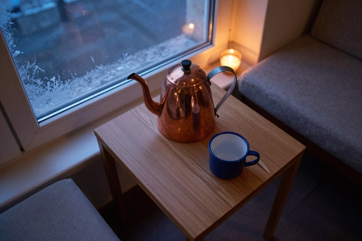 Copper Kettle Blue Mug Bucharest Breakfast in in a breakfast nook in Bucharest