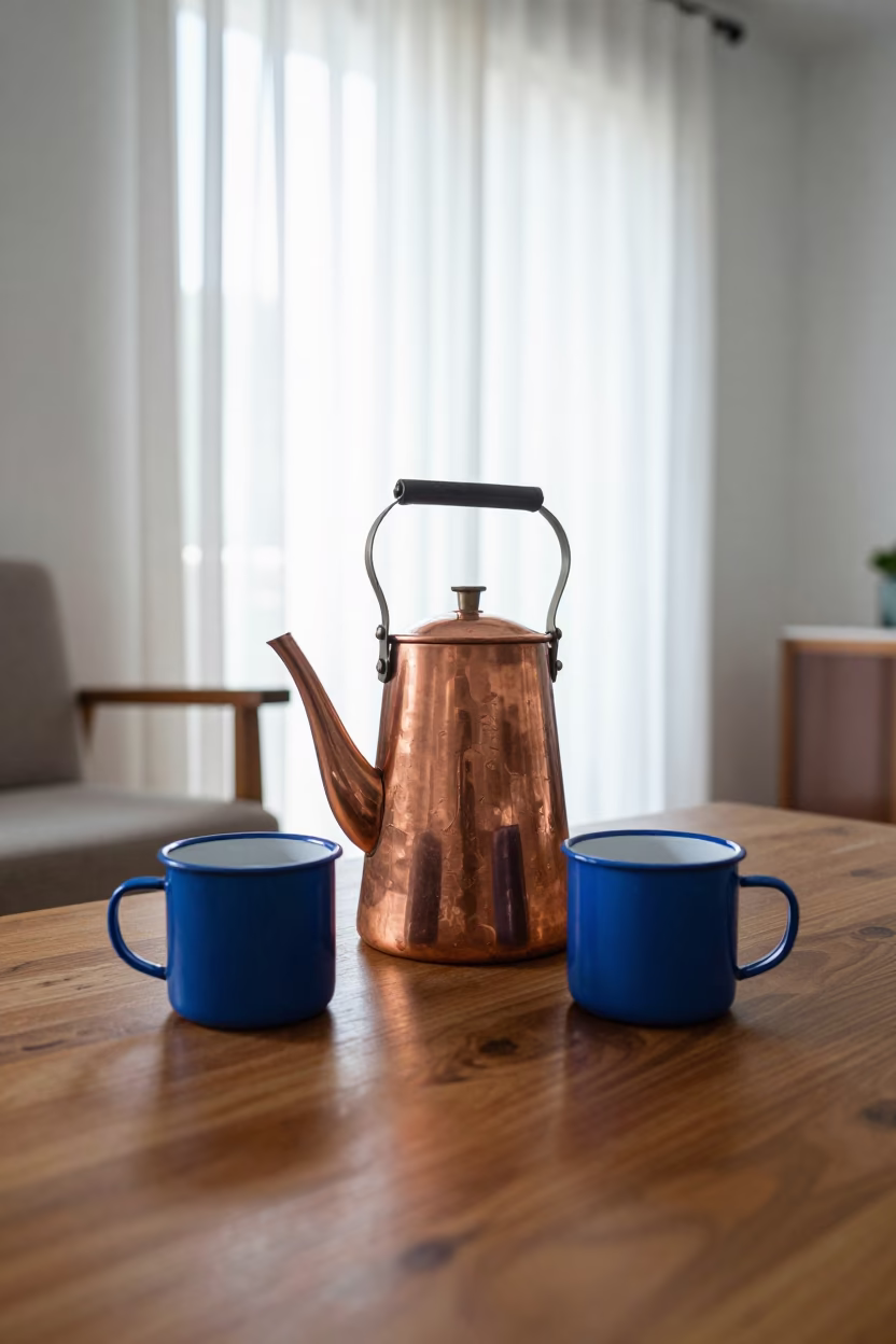 Copper Kettle and Blue Mug in Cienfuegos Light in in a sunlit living room near Cienfuegos
