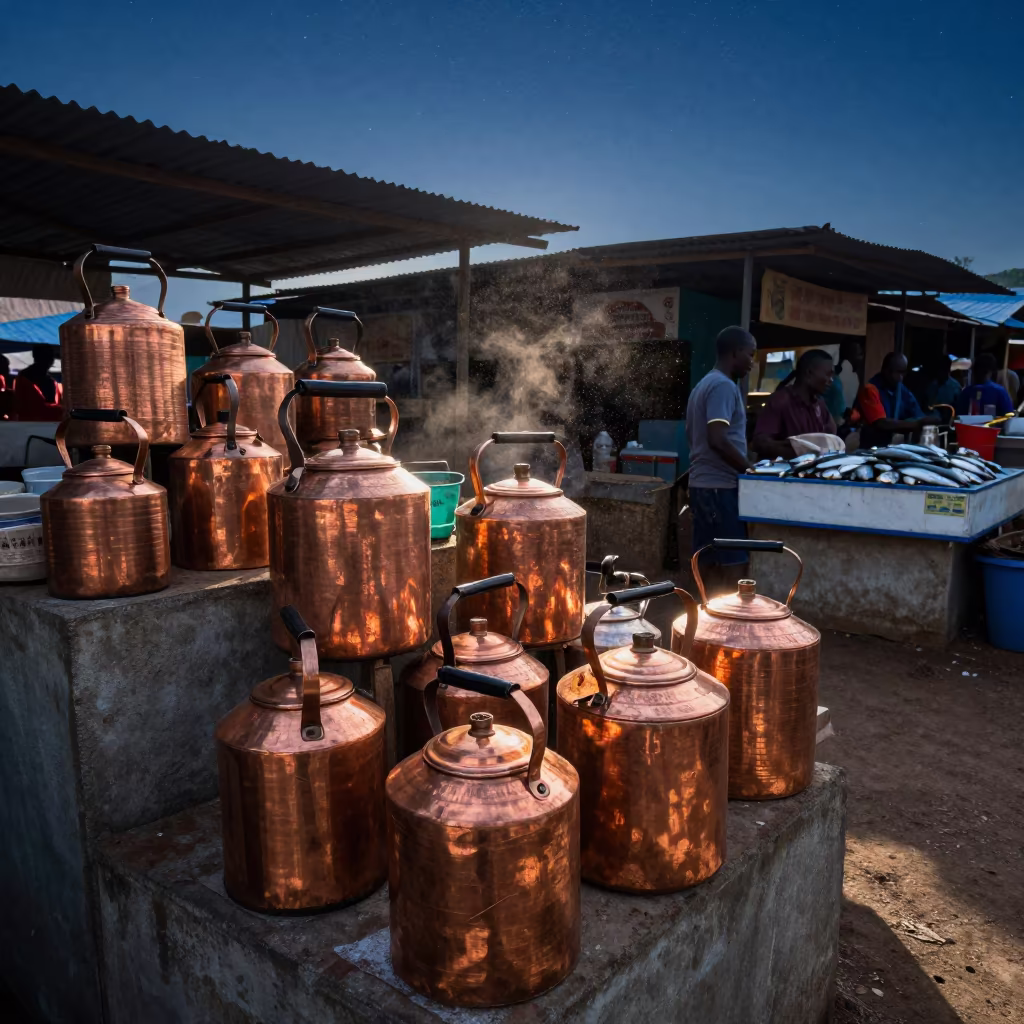 Copper Kettle Market Stall Cabinda Evening in beside a fish counter in Cabinda