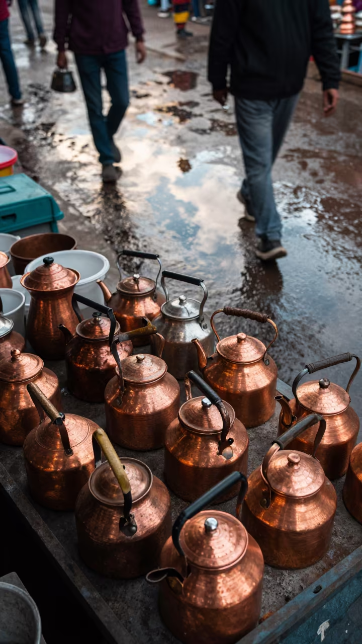 Copper Kettle Stall in Bhiwani Market in under a market canopy in Bhiwani