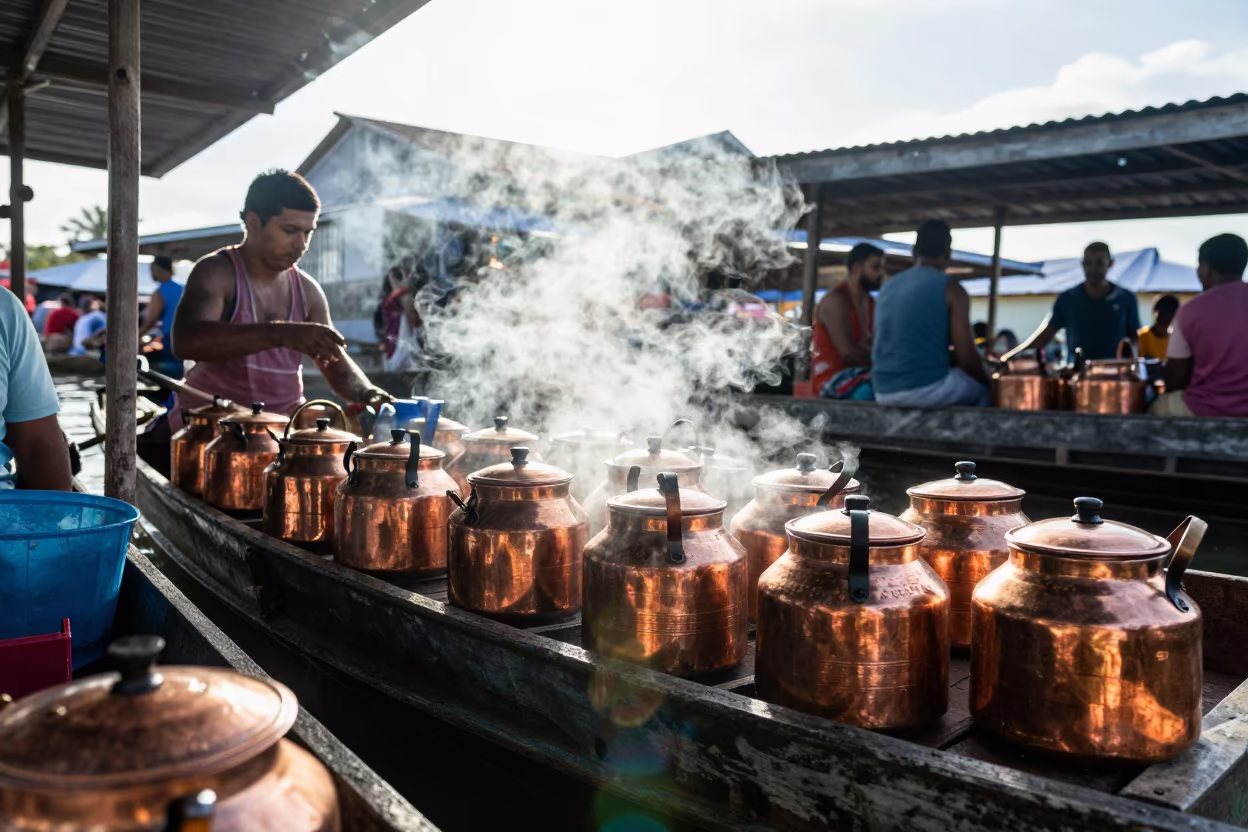 Copper Kettle Stall on Maceio Floating Market Boat in at a floating market boat in Maceio