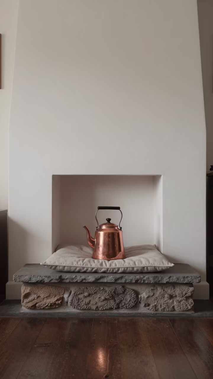 Copper Kettle on Stone Hearth Cushion in on a reading nook cushion in Nottingham