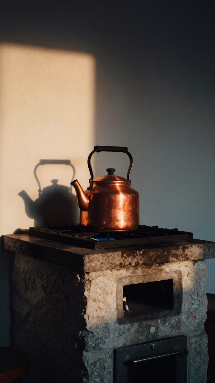 Copper Kettle on Stone Hearth Sunset in in a cozy kitchen near Port-au-Prince