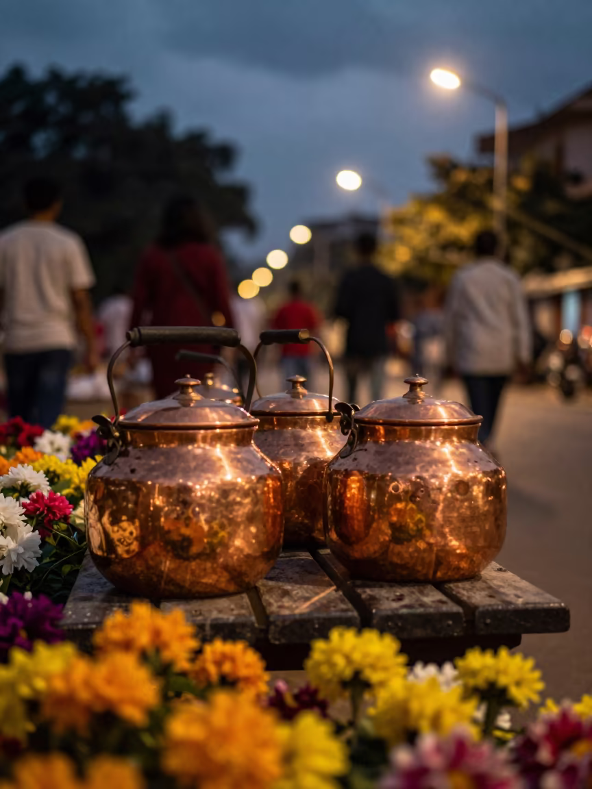 Copper Kettles Reflect Passersby at Night in at a flower auction bench in Solapur