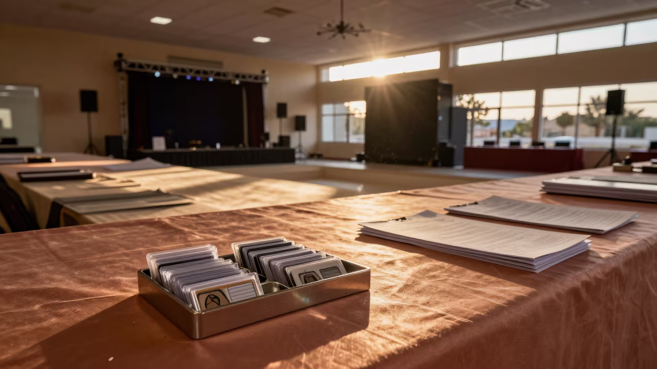 Copper Keycard Tray in Ar Ramtha Banquet Hall in inside a banquet hall before service near Ar Ramtha