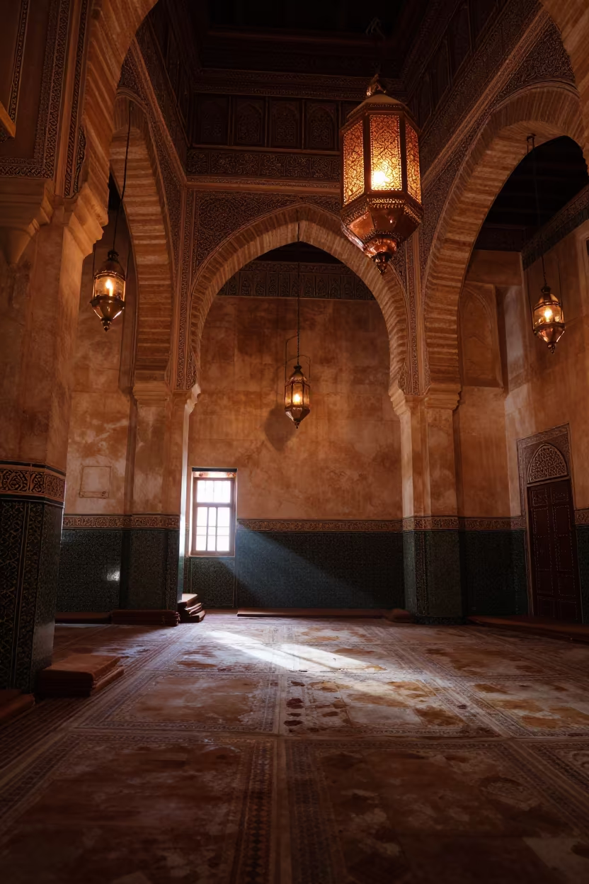 Copper lanterns glow in Marrakech mosque nave in inside a candlelit nave in Marrakech