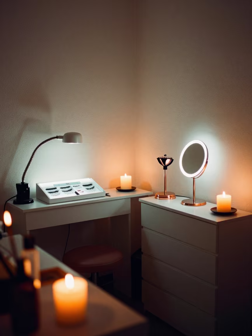 Copper Lash Fan Mirror Stand in Bucaramanga Store in in a beauty supply area under white LEDs in Bucaramanga