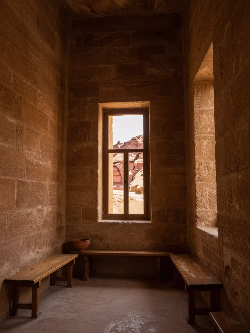 Copper Light in Amman Desert Monastery Cloister in inside a quiet cloister passage in Amman