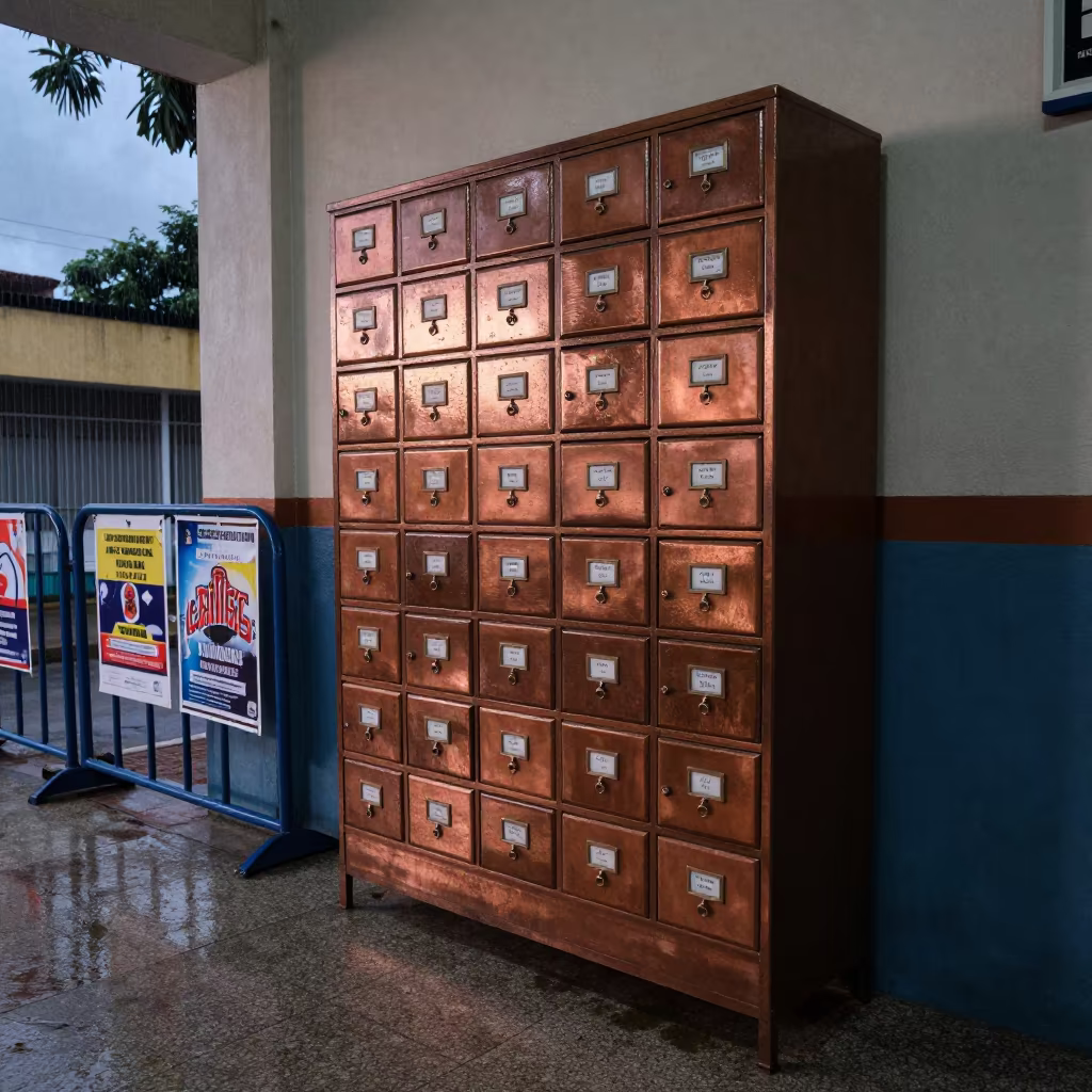 Copper Light Archive Drawer Permits Caracas Monsoon in in a community center hall in Caracas