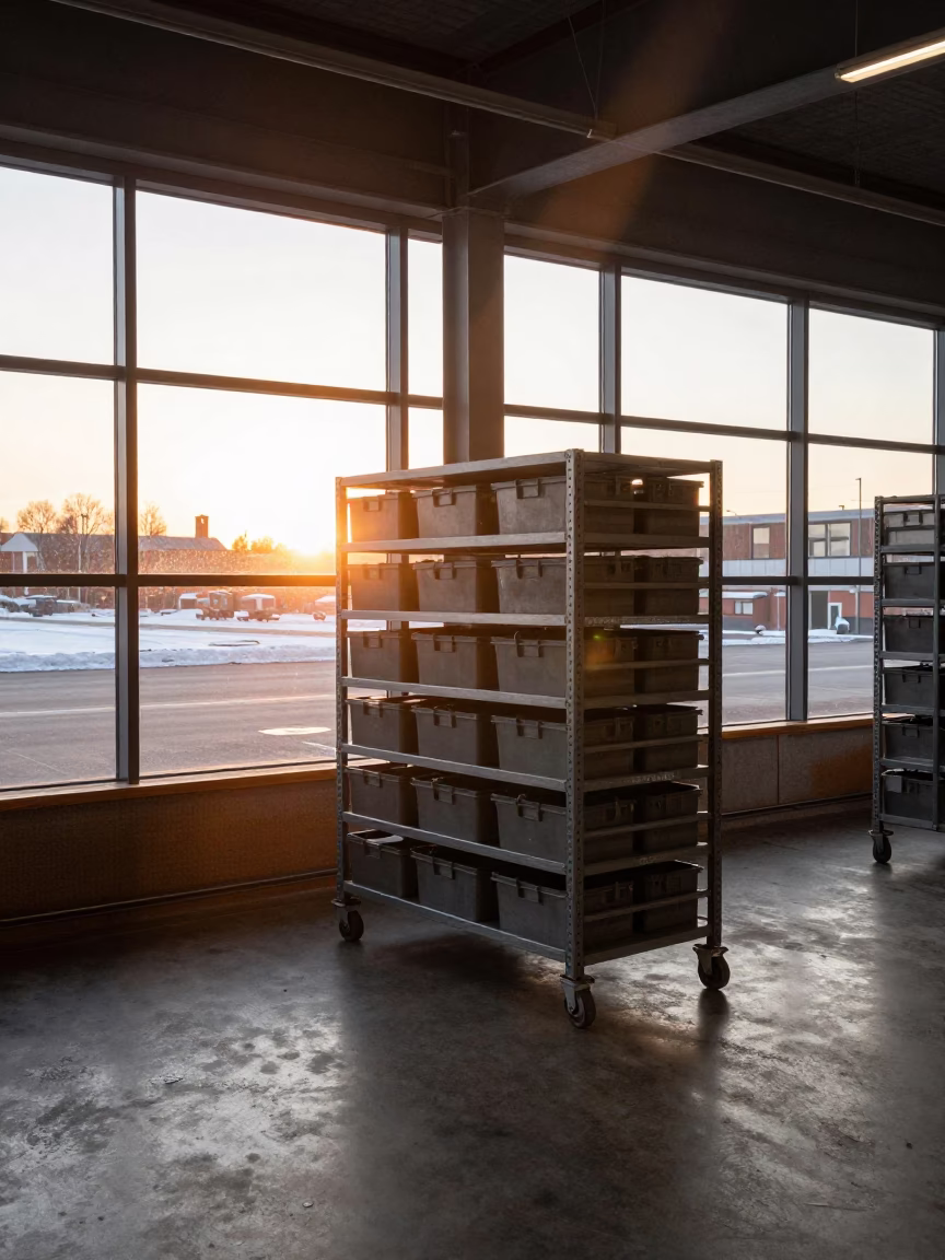 Copper Light On Backhaul Tote Rack In Oulu Office in inside a dispatch office above the dock in Oulu