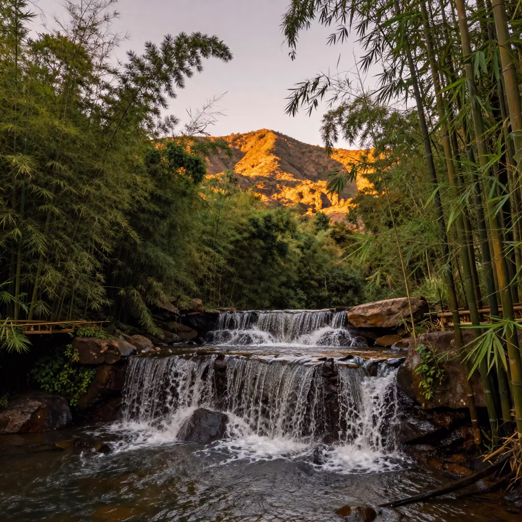 Copper Light Cascade Through Queensland Bamboo Forest in from a ridge above layered foothills in Queensland