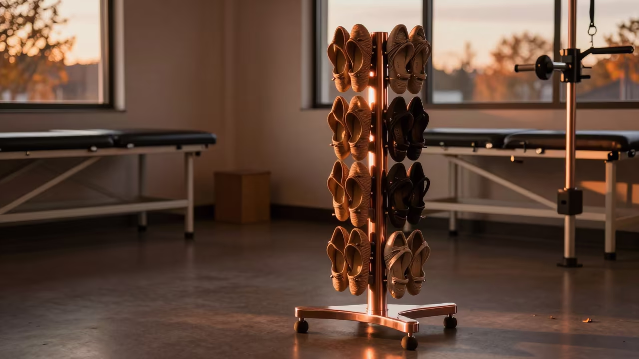 Copper Light Cast Shoe Rack in Rehab Gym in inside a rehab gym prepared for the first patients in Idku