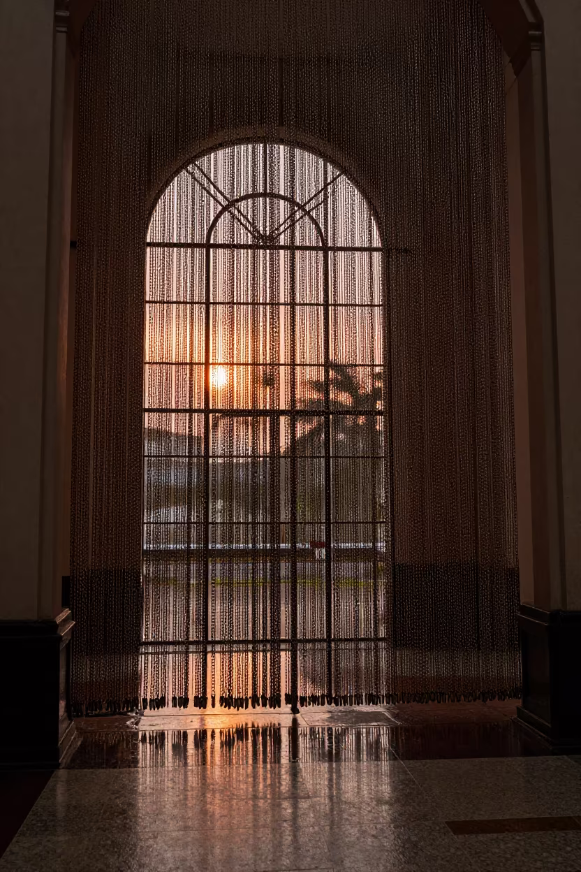 Copper Light Through Chain Curtain Atrium in inside a vaulted atrium in Lubango