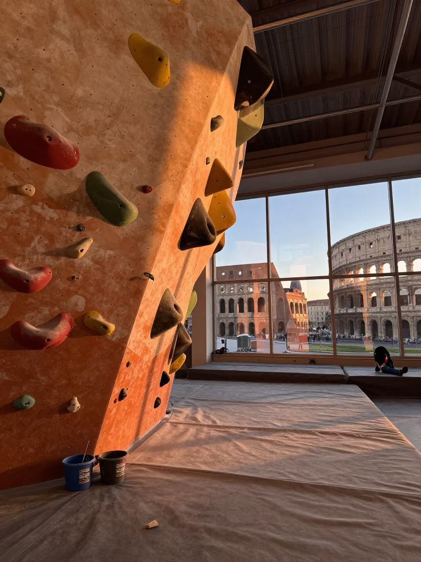 Copper light climbing gym Rome bouldering wall in inside a strength room near Ostiense, Rome