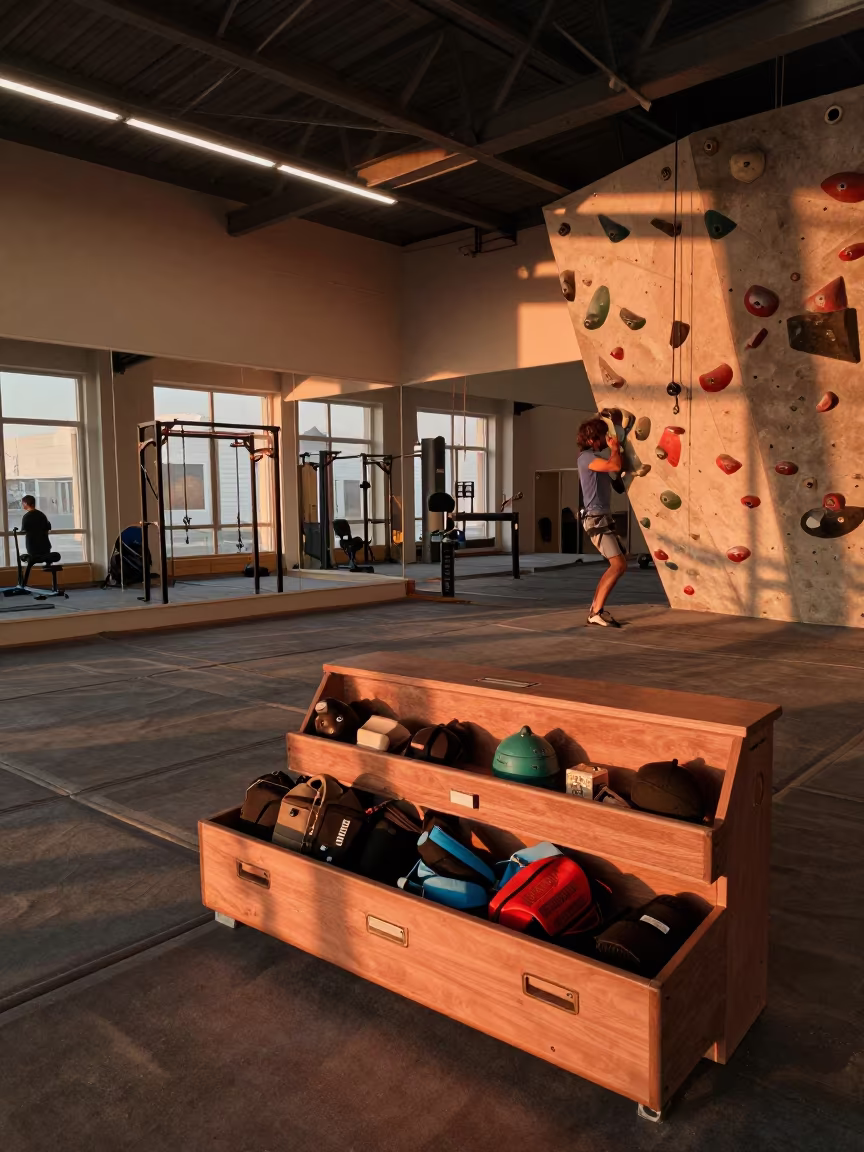 Copper Light on Climbing Gym Whistle Battery Drawer in inside a climbing gym warmup zone near Erbil