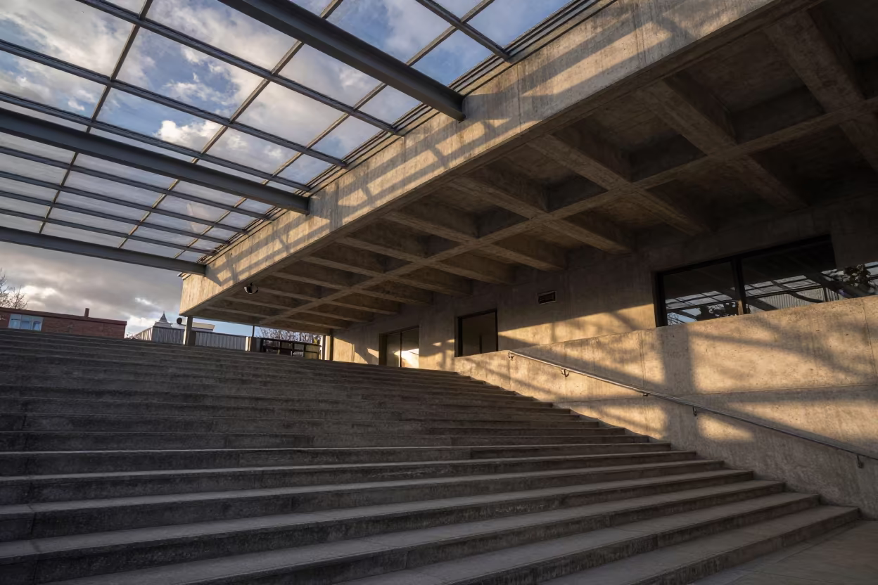 Copper Light on Concrete Stairs Glass Arcade in inside a glass-roofed arcade near Bratislava