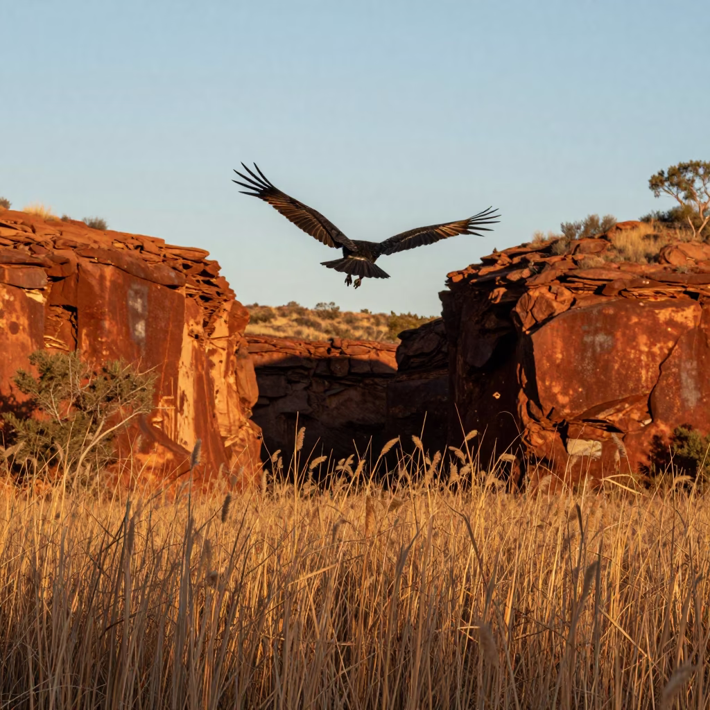 Copper Light Condor Soaring Over Australian Canyon in at the edge of a reed bed in Western Australia
