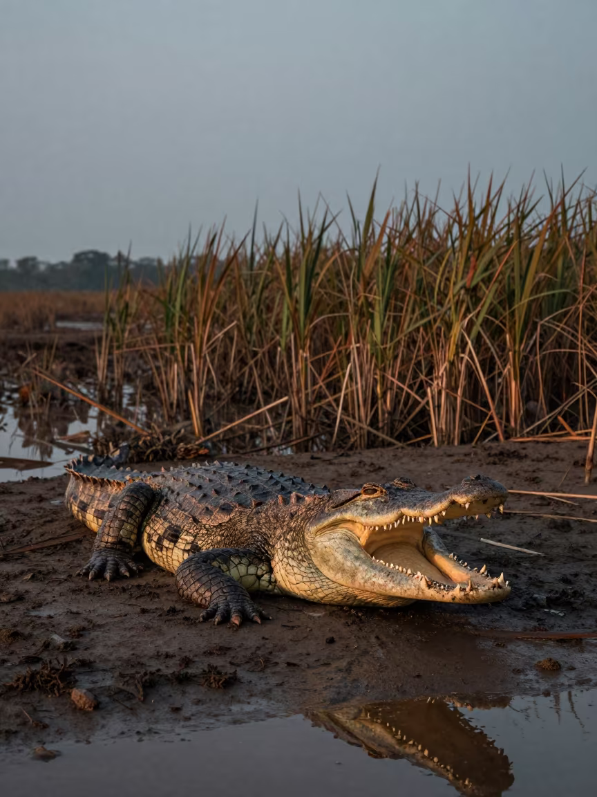 Copper light on crocodile basking mouth open in at the edge of a reed bed near Manila