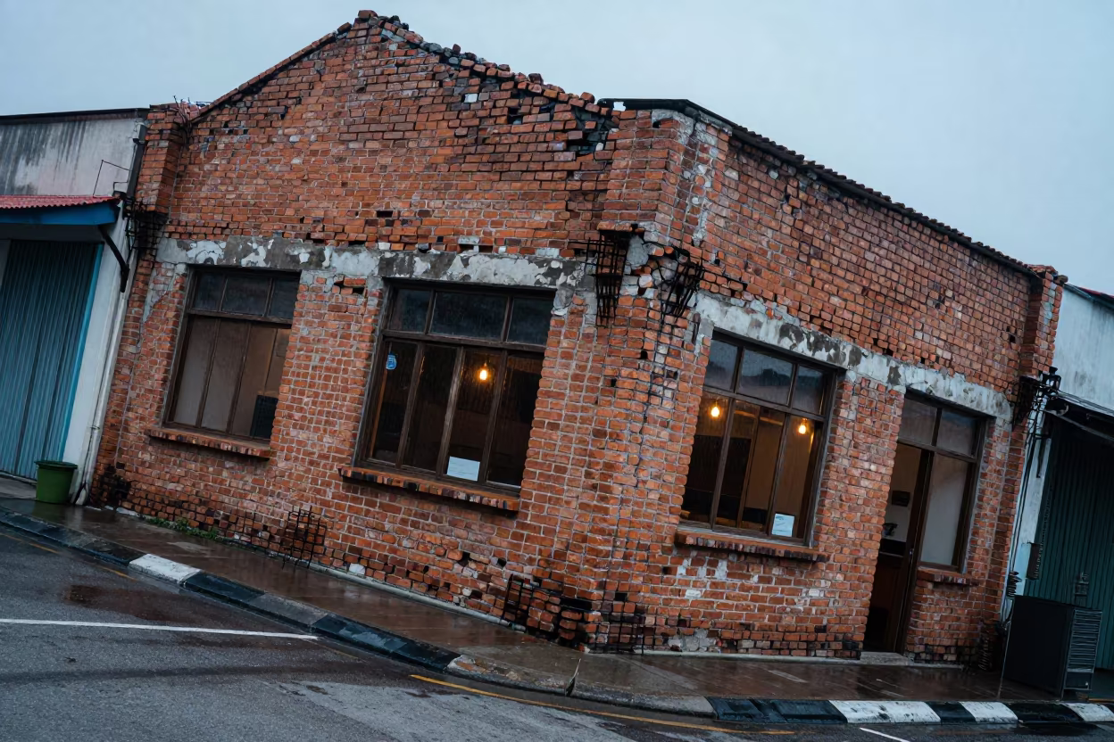 Copper Light on Crumbling Brick Sandakan Cafe in outside a corner cafe in Sandakan