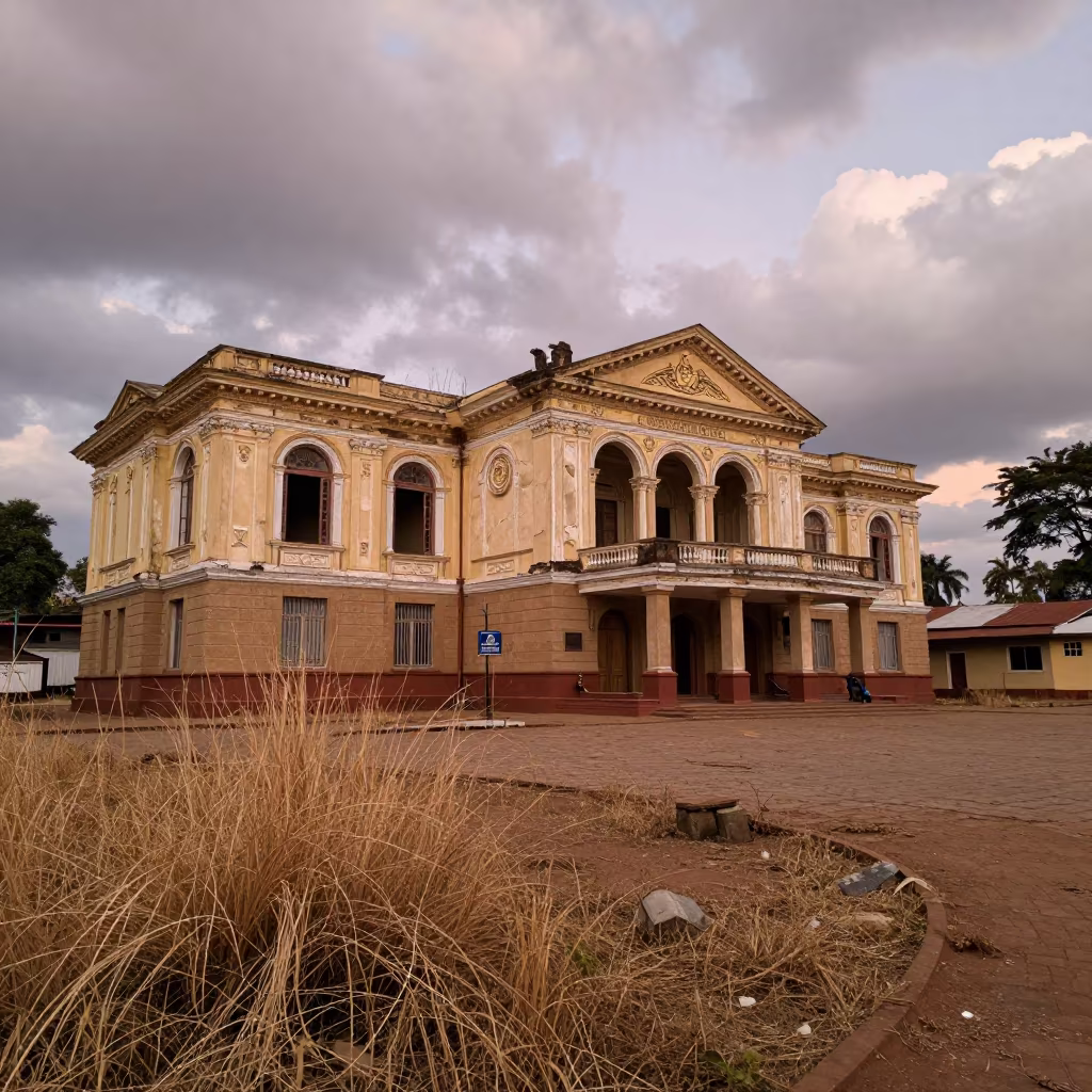 Copper Light on Crumbling Opera House Boxes in through a courtyard reclaimed by grasses near Mbuji-Mayi