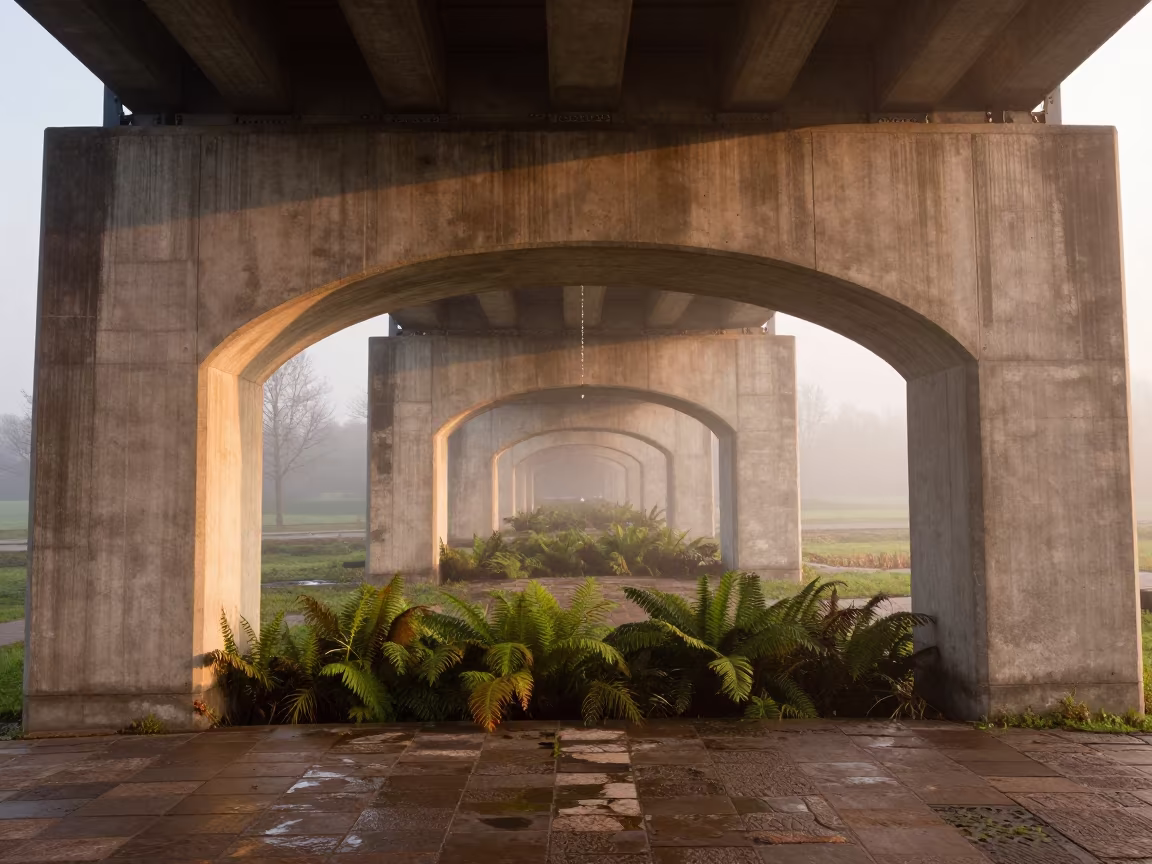 Copper Light Under Danish Viaduct Arch in under a viaduct of steel and concrete in Denmark